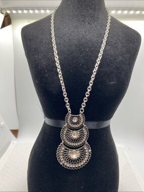 Silver Tone Rhinestone Filigree Statement Necklace | Vintage Inspired Pendant